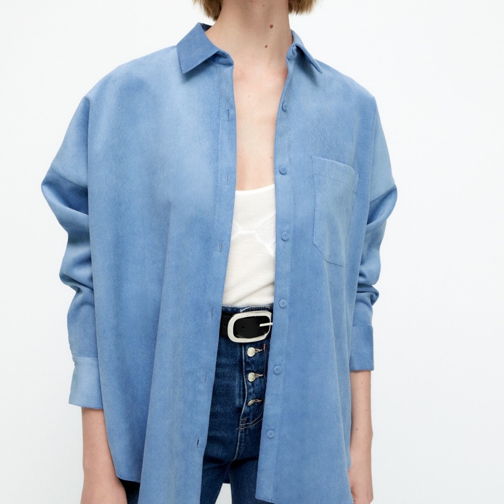 ZARA Blue Women Fine-waled Corduroy Oversized Shirt in Extra Small